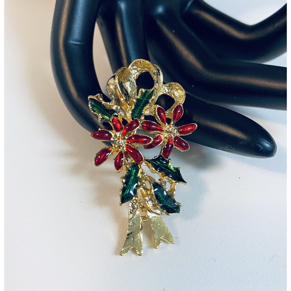 Christmas Ribbon Poinsettia Holly Berry Brooch Red Green Enamel 2"